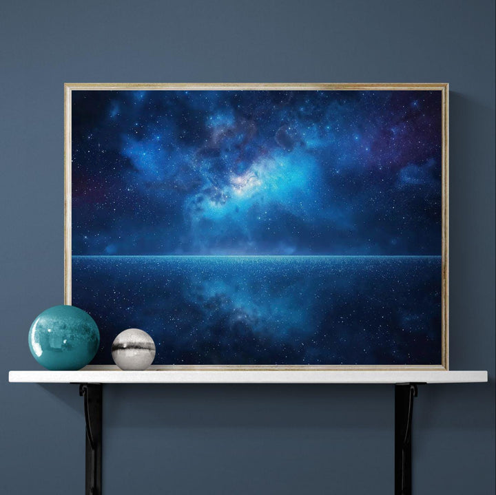 Celestial wall art depicting a luminous cosmic galaxy horizon beneath a vast starry night sky, creating a dreamy and calming celestial atmosphere.