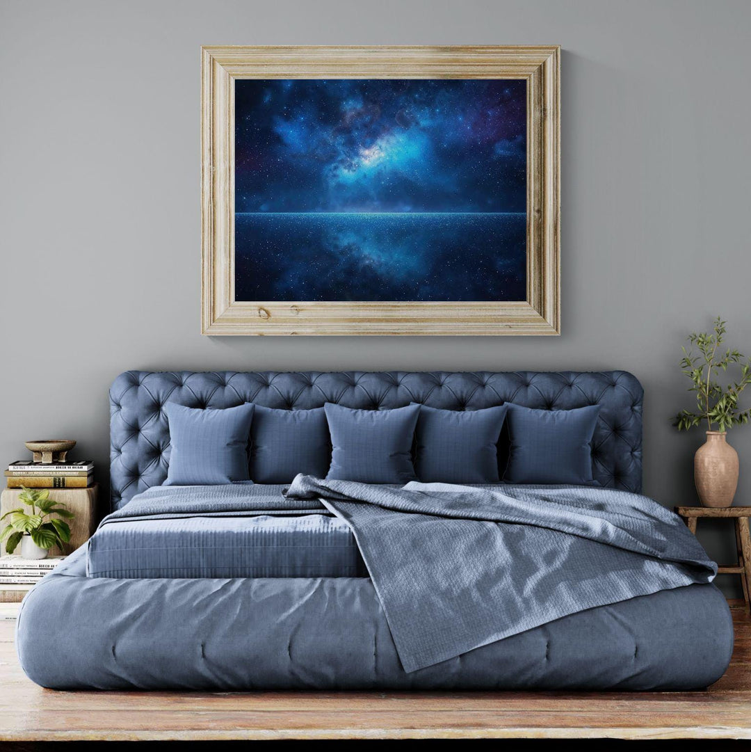 Cosmic celestial wall art featuring a deep blue galaxy horizon beneath stars.
