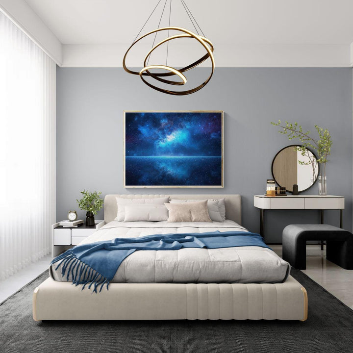 Cosmic celestial wall art featuring a deep blue galaxy horizon beneath stars.