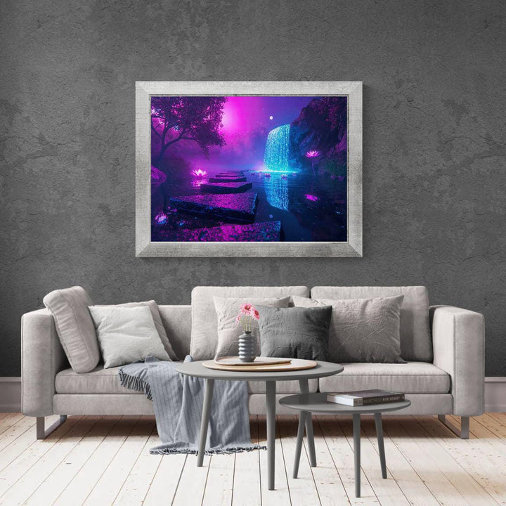 Fantasy waterfall wall art depicting a luminous enchanted garden with glowing lotus flowers, cascading moonlit water, and a dreamy mystical landscape.