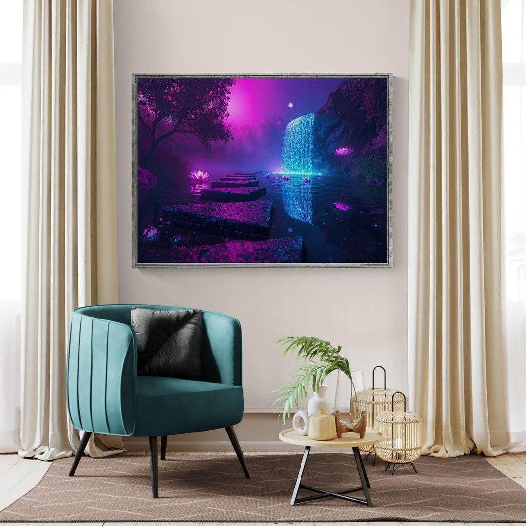 Fantasy waterfall wall art depicting a luminous enchanted garden with glowing lotus flowers, cascading moonlit water, and a dreamy mystical landscape.