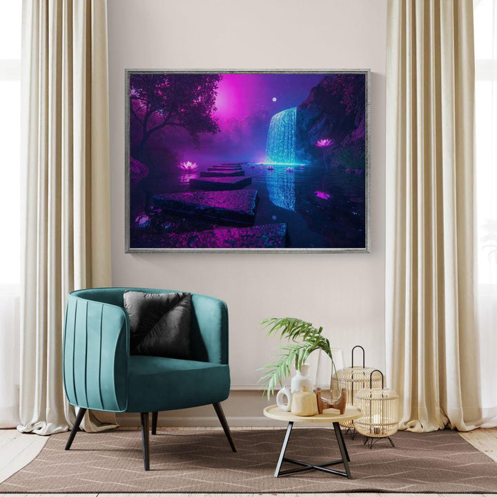 Fantasy waterfall wall art depicting a luminous enchanted garden with glowing lotus flowers, cascading moonlit water, and a dreamy mystical landscape.