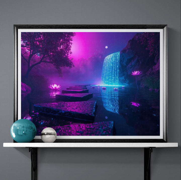 Fantasy waterfall wall art depicting a luminous enchanted garden with glowing lotus flowers, cascading moonlit water, and a dreamy mystical landscape.