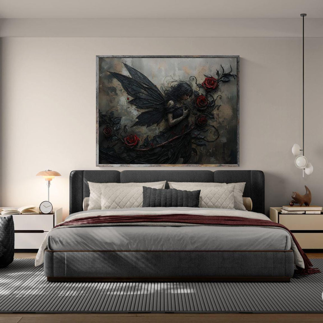 Gothic fairy wall art depicting a dark-winged fairy surrounded by crimson roses, blending romantic melancholy with dramatic gothic fantasy style.