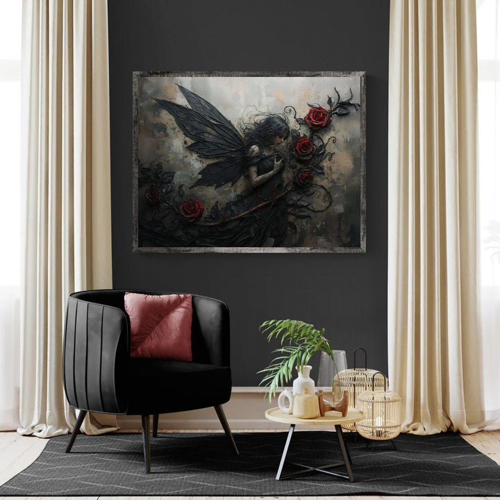Gothic fairy wall art depicting a dark-winged fairy surrounded by crimson roses, blending romantic melancholy with dramatic gothic fantasy style.