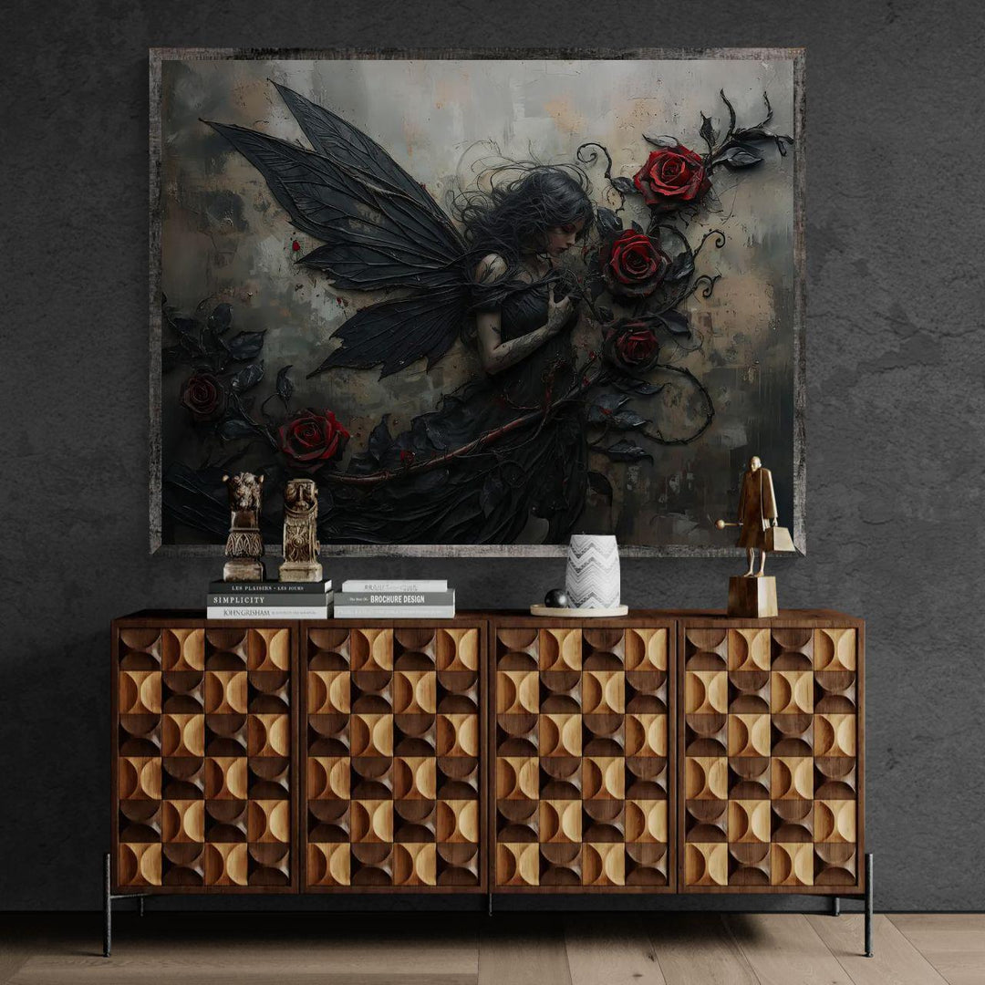 Gothic fairy wall art depicting a dark-winged fairy surrounded by crimson roses, blending romantic melancholy with dramatic gothic fantasy style.