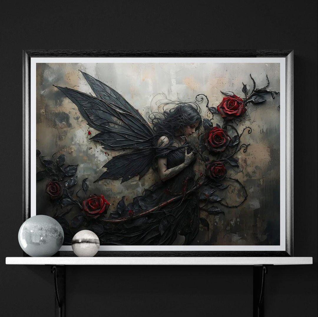 Gothic fairy wall art depicting a dark-winged fairy surrounded by crimson roses, blending romantic melancholy with dramatic gothic fantasy style.