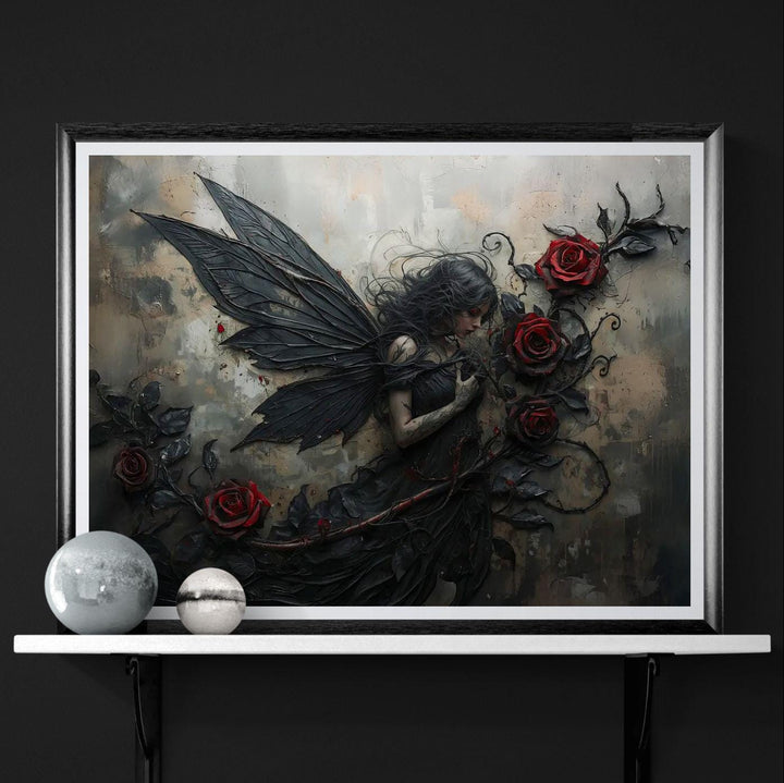 Gothic fairy wall art depicting a dark-winged fairy surrounded by crimson roses, blending romantic melancholy with dramatic gothic fantasy style.