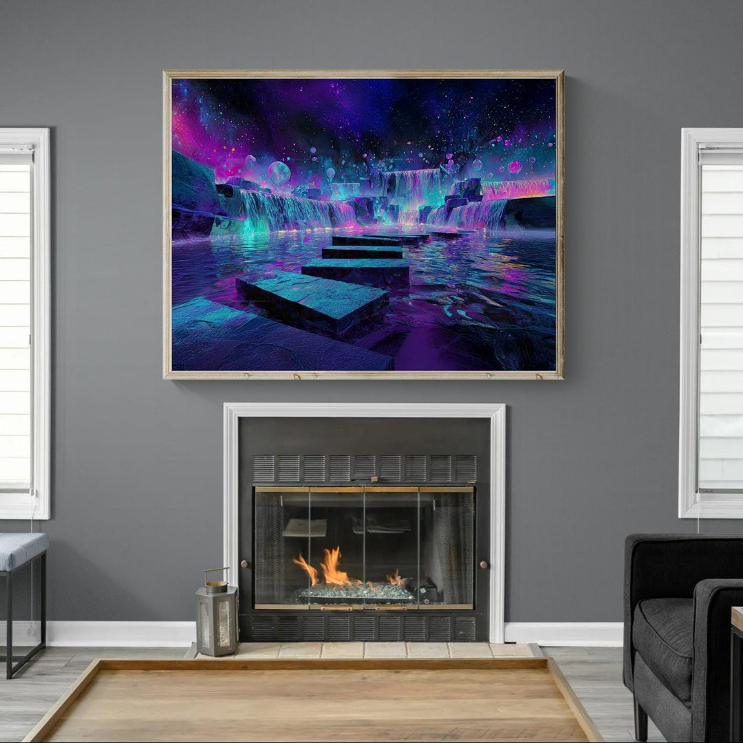 Fantasy waterfall wall art showing luminous neon pools, cascading glowing waterfalls, and a surreal cosmic dreamscape in vibrant purples, blues, and pinks.