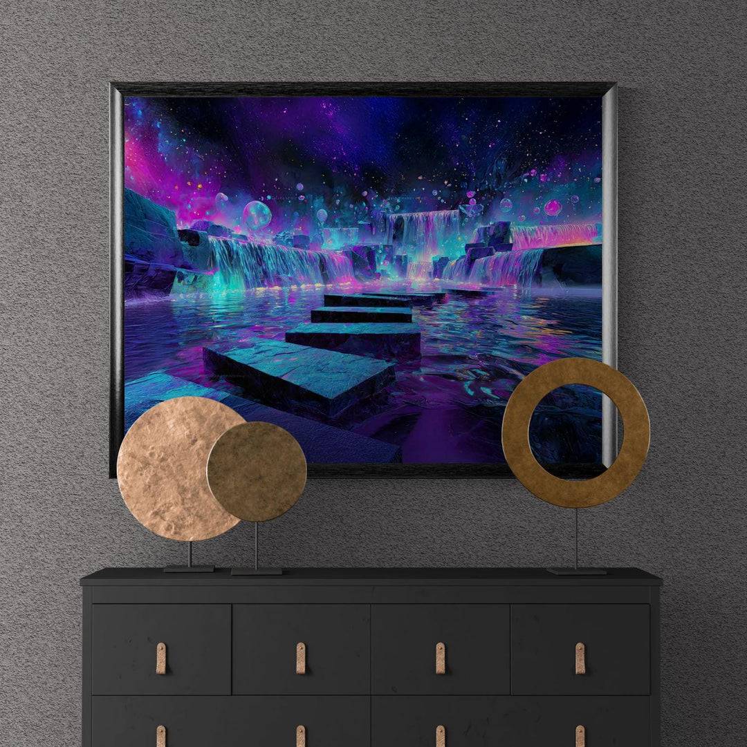 Fantasy waterfall wall art showing luminous neon pools, cascading glowing waterfalls, and a surreal cosmic dreamscape in vibrant purples, blues, and pinks.