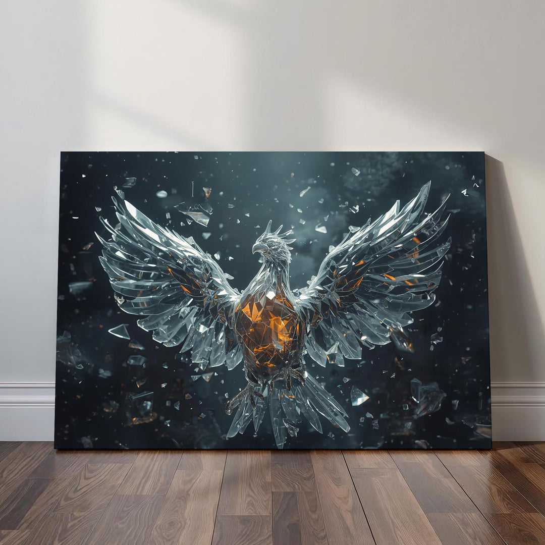 Highly detailed artwork of a phoenix sculpted from glass, spreading its wings as molten amber light glows within its chest. Shattered glass fragments float around the bird against a dark atmospheric background, creating a dramatic, mythic scene.