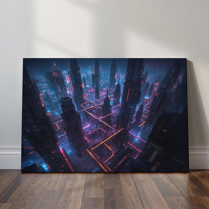 Highly detailed futuristic artwork showing a sprawling cyberpunk city from above. Neon-lit pathways weave between towering skyscrapers, casting pink, orange, and blue glows across the misty skyline for a dramatic sci-fi atmosphere.