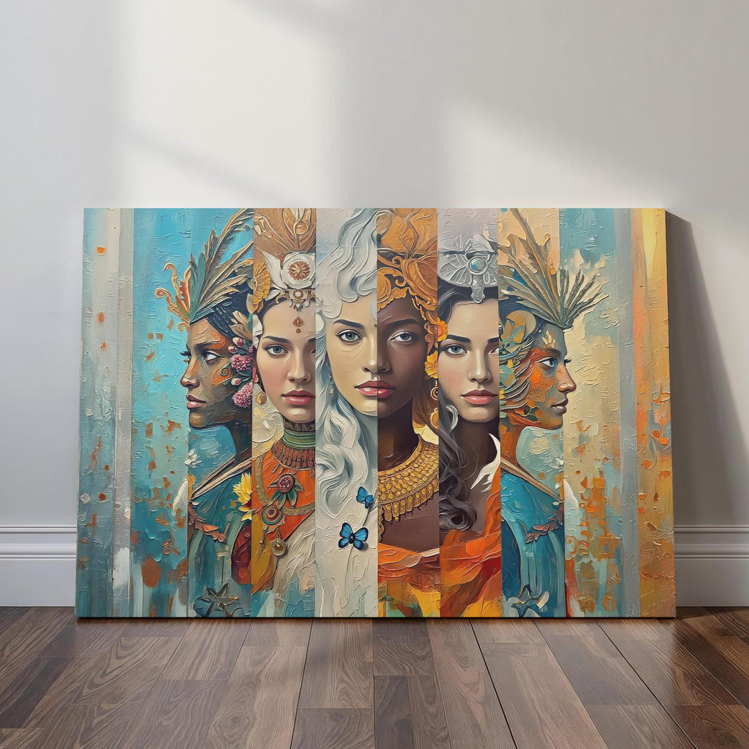 A richly detailed painting-style artwork depicting five goddess-like women side by side. Each figure features different symbolic elements — flowers, butterflies, headdresses, natural textures, and glowing colors — representing diverse elemental or mythical energies in an ethereal, painterly style.