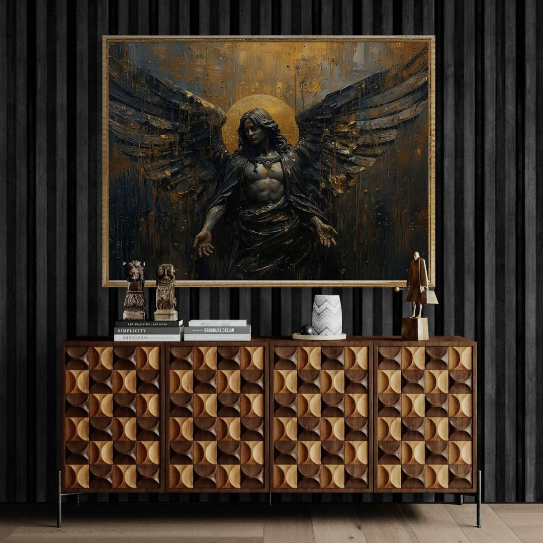 Gothic archangel wall art depicting a powerful dark angel with textured black wings, glowing golden halo, and sacred fantasy symbolism