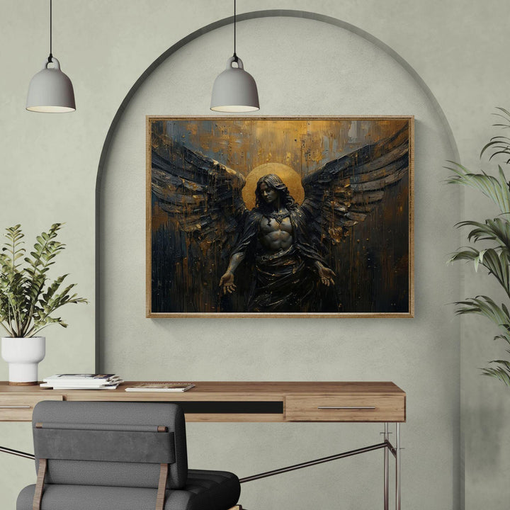 Archangel wall art featuring a dark celestial angel with golden halo and dramatic wings