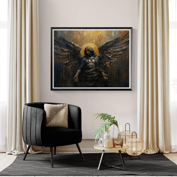 Archangel wall art featuring a dark celestial angel with golden halo and dramatic wings
