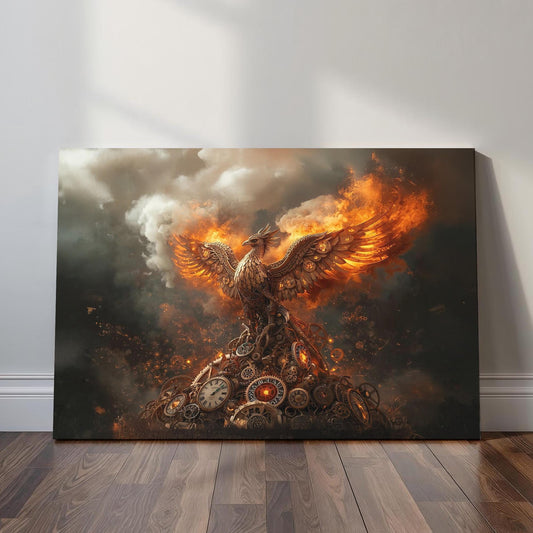 Detailed fantasy artwork featuring a powerful mechanical bird with flaming wings rising from a mound of gears, clocks, and metal parts against a smoky industrial background.