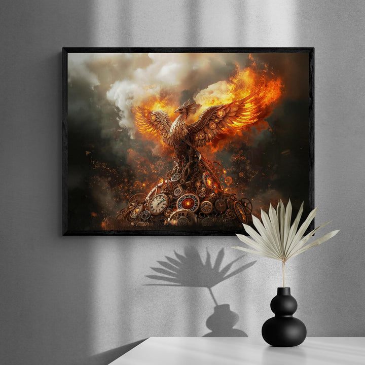 Steampunk artwork of a flaming mechanical phoenix emerging from gears and smoke in dramatic lighting.