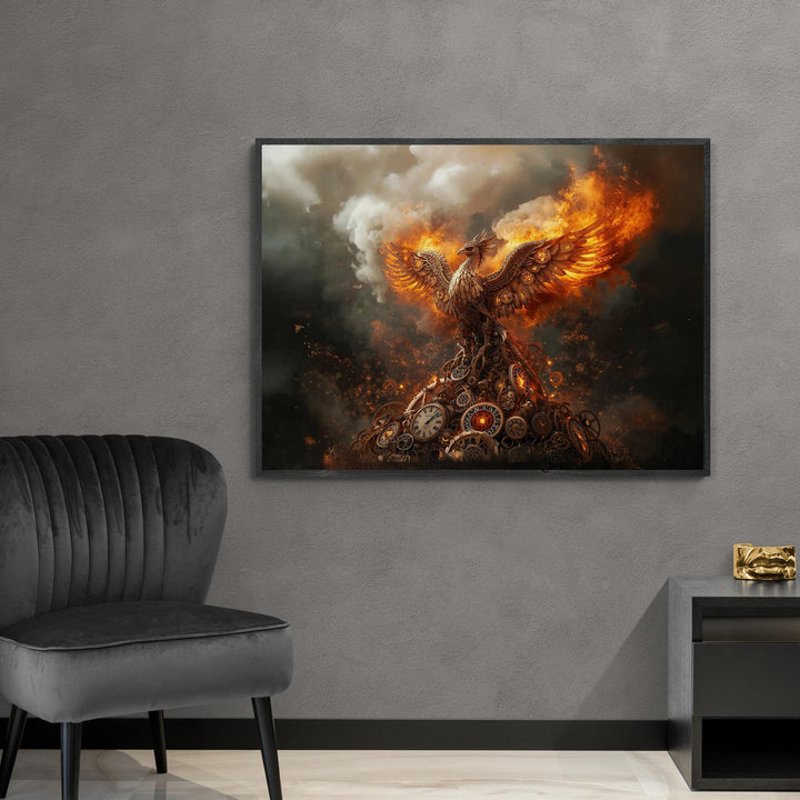 Steampunk artwork of a flaming mechanical phoenix emerging from gears and smoke in dramatic lighting.