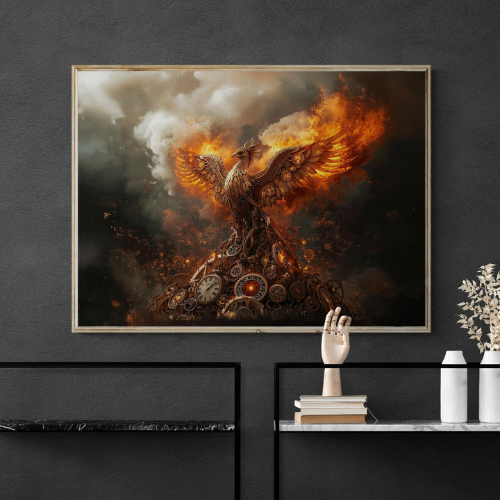 Detailed fantasy artwork featuring a powerful mechanical bird with flaming wings rising from a mound of gears, clocks, and metal parts against a smoky industrial background.