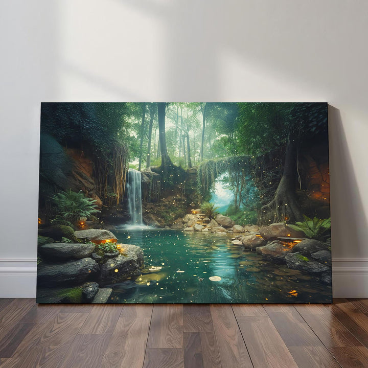 Magical enchanted forest artwork showing a gentle waterfall flowing into a glowing turquoise pond, surrounded by lush greenery, moss-covered stones, hanging roots, and floating firefly lights that create a dreamy, peaceful atmosphere.
