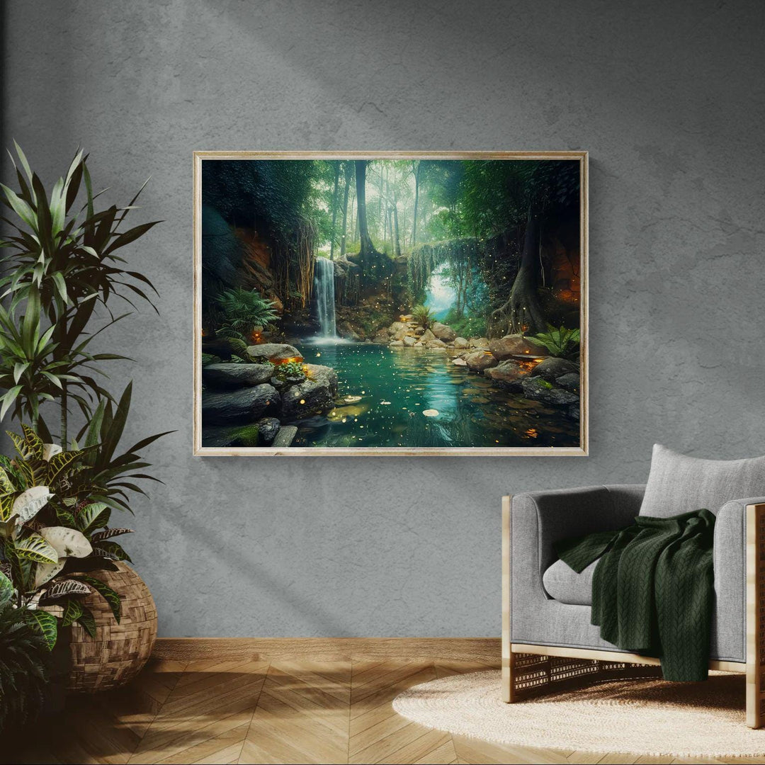 Fantasy forest scene featuring a waterfall, glowing lights, mossy rocks, and a serene turquoise pool.