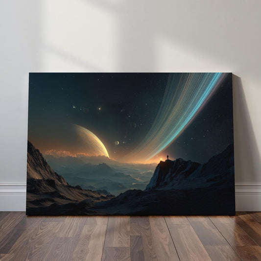 Cosmic ring planet wall art featuring a lone figure standing on a cliff beneath glowing planetary rings, distant moons, and a star-filled sci-fi sky
