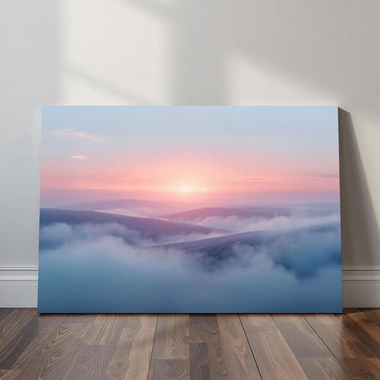 Pastel mountain sunrise wall art featuring layered hills, drifting clouds, and a soft glowing sky, perfect for calming minimalist home decor