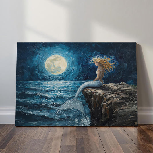 Moonlit mermaid art print showing a serene mermaid resting by the ocean beneath a glowing full moon, painted in rich blues with a dreamy fantasy atmosphere