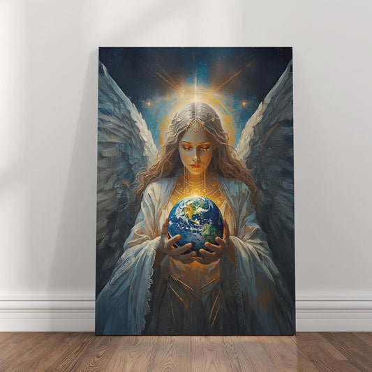 A celestial angel with large luminous wings gently holds a glowing Earth, surrounded by radiant golden light and cosmic stardust, creating a spiritual and ethereal fantasy artwork.