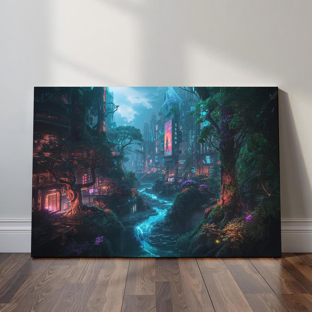 A vibrant cyberpunk cityscape where tall futuristic buildings with neon signs blend seamlessly into lush overgrown jungle foliage. A glowing blue river runs through the center, surrounded by bioluminescent plants, mist, and warm neon light, creating a cinematic sci-fi fantasy atmosphere.