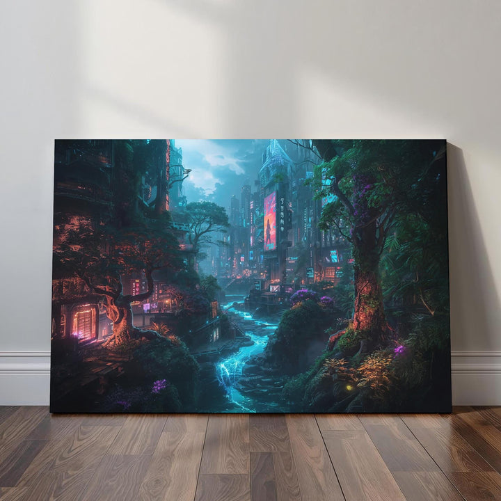 A vibrant cyberpunk cityscape where tall futuristic buildings with neon signs blend seamlessly into lush overgrown jungle foliage. A glowing blue river runs through the center, surrounded by bioluminescent plants, mist, and warm neon light, creating a cinematic sci-fi fantasy atmosphere.