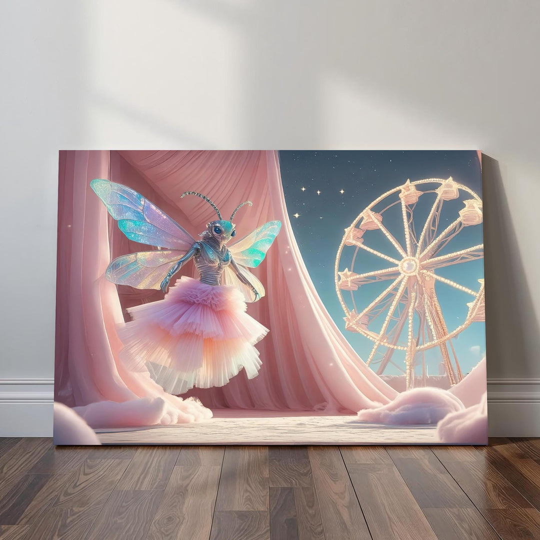Celestial moth-winged fairy in pink dress at a glowing carnival under stars. Dreamcore fantasy wall art with pastel pink colors.