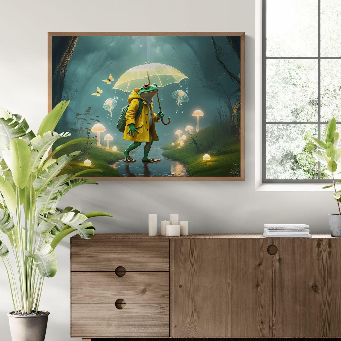 Whimsical artwork of a frog wearing a yellow raincoat and carrying an umbrella while walking through a glowing mushroom forest.