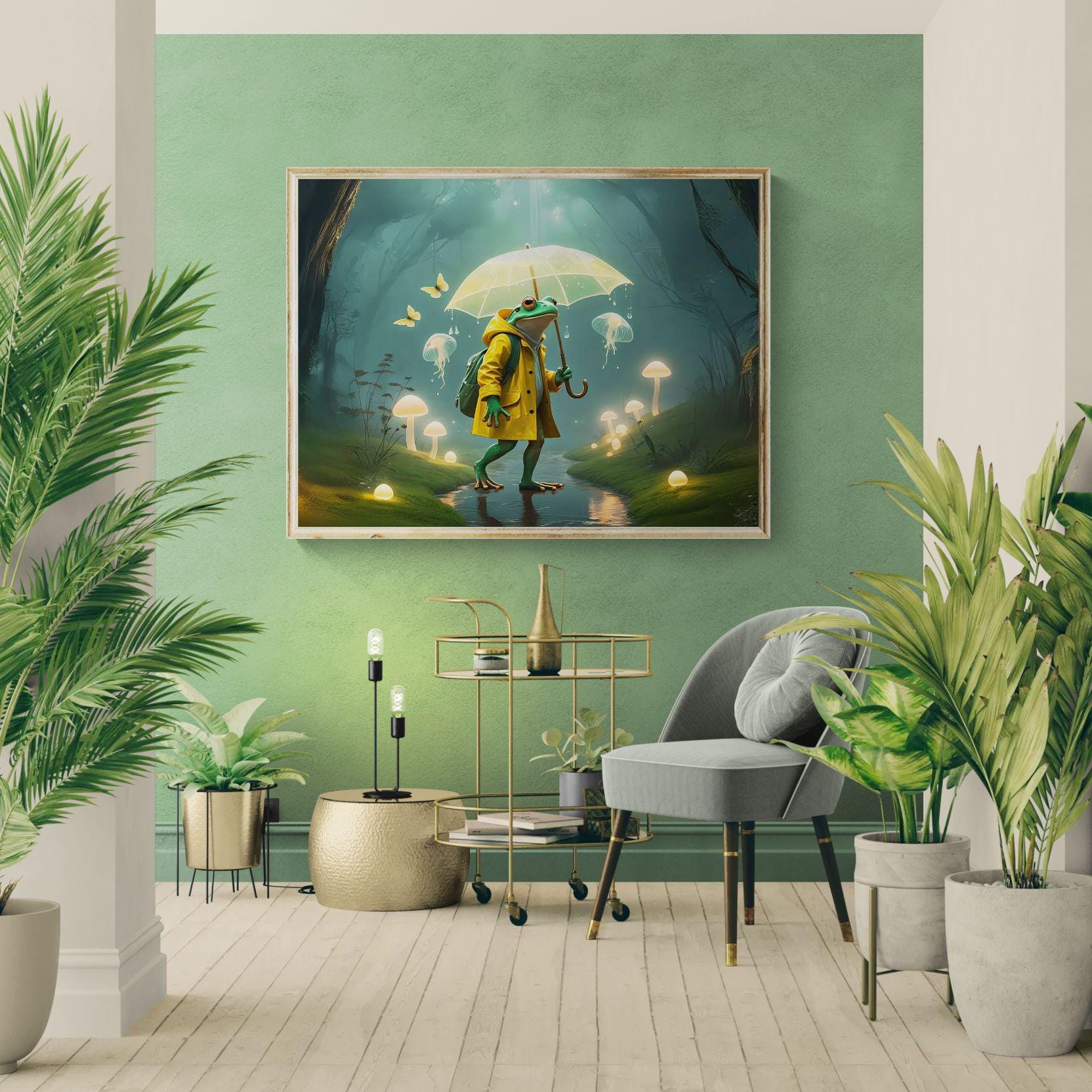 Frog in yellow raincoat holding umbrella in glowing enchanted forest.