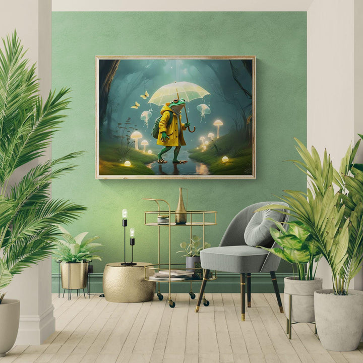 Frog in yellow raincoat holding umbrella in glowing enchanted forest.