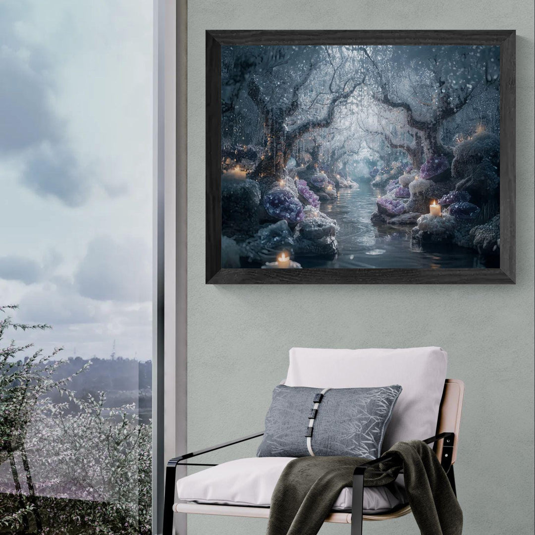 A dreamy enchanted forest filled with icy trees, purple crystals, and glowing candles surrounding a calm river.