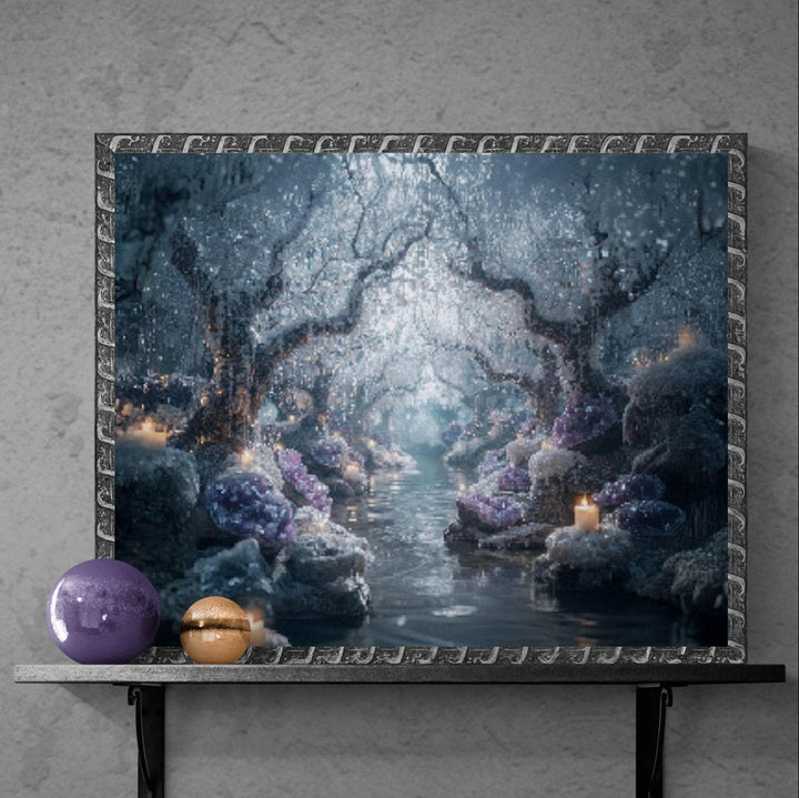 A magical enchanted forest scene featuring crystal clusters, softly glowing candles, icy white trees draped with shimmering droplets, and a serene river winding through the center, creating a peaceful and mystical atmosphere.