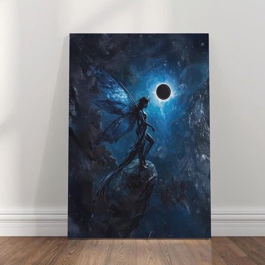A mysterious dark fairy with translucent blue wings stands poised on a jagged rock, surrounded by swirling cosmic textures and illuminated by a dramatic eclipse, creating a moody fantasy atmosphere.