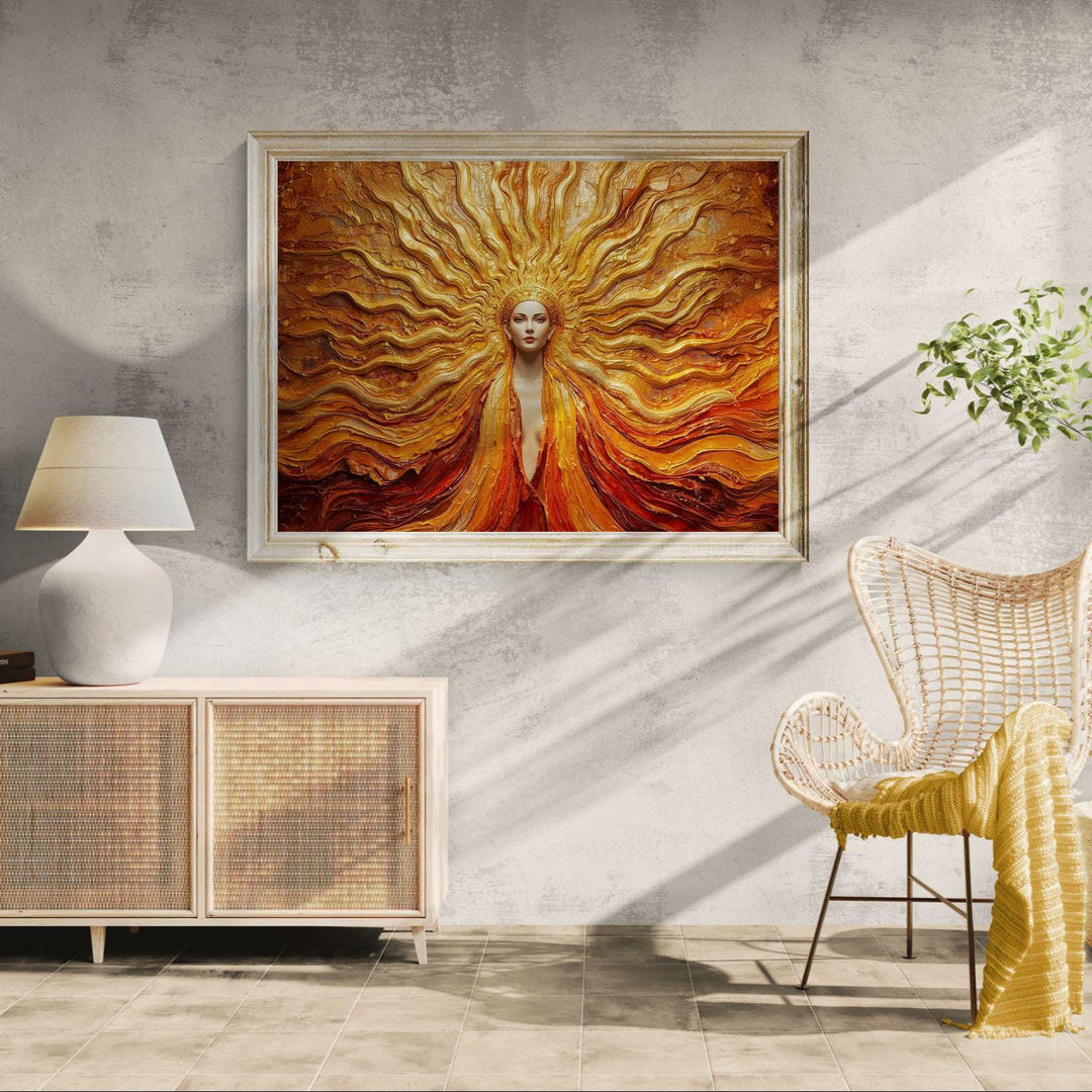 Fantasy solar goddess wall art depicting a radiant golden sun deity with flowing textures and divine celestial energy, ideal for goddess and fantasy home décor