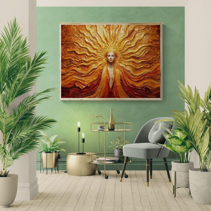 Fantasy solar goddess wall art depicting a radiant golden sun deity with flowing textures and divine celestial energy, ideal for goddess and fantasy home décor