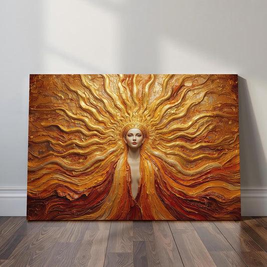 Fantasy solar goddess wall art depicting a radiant golden sun deity with flowing textures and divine celestial energy, ideal for goddess and fantasy home décor