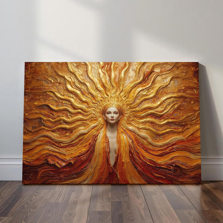 Fantasy solar goddess wall art depicting a radiant golden sun deity with flowing textures and divine celestial energy, ideal for goddess and fantasy home décor