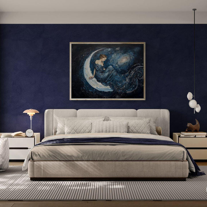 Moon goddess wall art featuring a serene celestial woman seated on a crescent moon within a star-filled night sky, perfect for fantasy and lunar home décor
