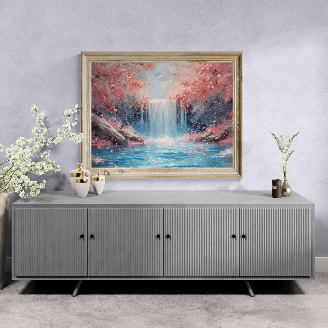 Cherry blossom waterfall wall art featuring a serene fantasy landscape with pink blossoms, cascading water, and tranquil blue tones, ideal for calming home décor