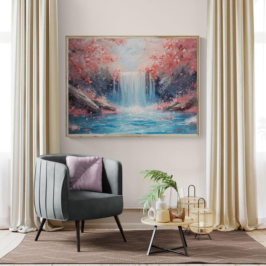 Cherry blossom waterfall wall art featuring a serene fantasy landscape with pink blossoms, cascading water, and tranquil blue tones, ideal for calming home décor