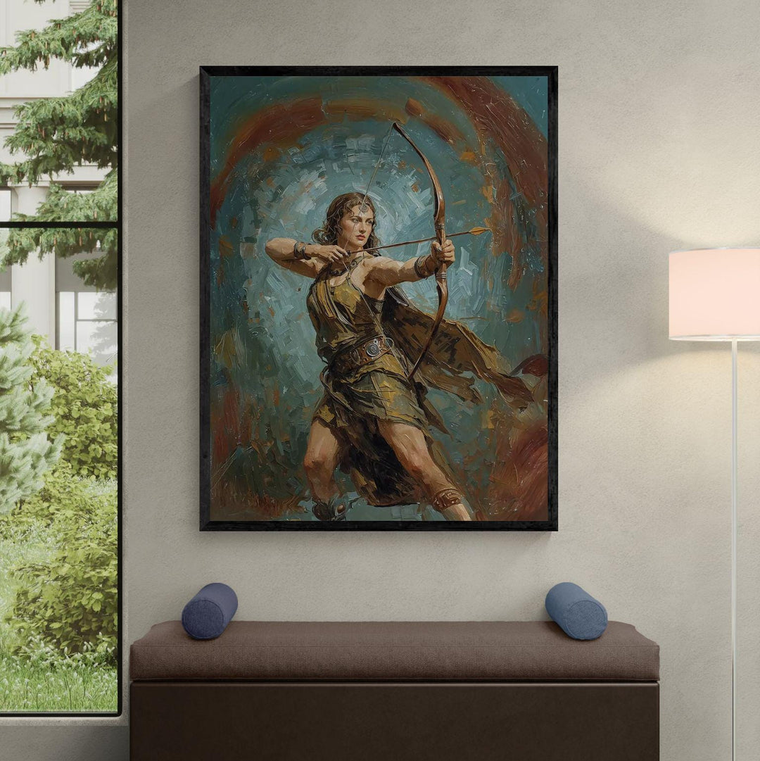 Fantasy archer wall art inspired by Artemis, the Greek goddess of the hunt, depicting a strong warrior huntress aiming a bow in a painterly mythic style