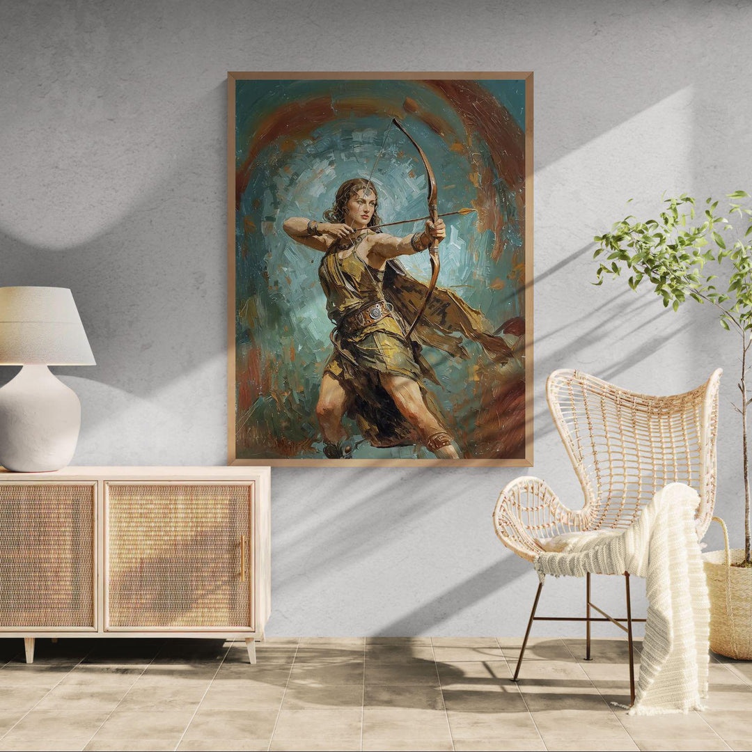 Fantasy archer wall art inspired by Artemis, the Greek goddess of the hunt, depicting a strong warrior huntress aiming a bow in a painterly mythic style
