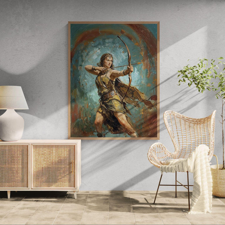Fantasy archer wall art inspired by Artemis, the Greek goddess of the hunt, depicting a strong warrior huntress aiming a bow in a painterly mythic style