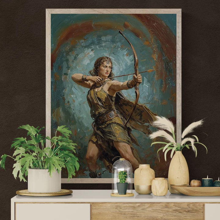 Fantasy archer wall art inspired by Artemis, the Greek goddess of the hunt, depicting a strong warrior huntress aiming a bow in a painterly mythic style